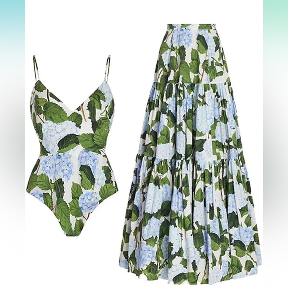 Amazon Leafy Green and Light Blue Floral Swim Coverup